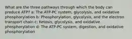 What are the three pathways through which the body can produce ATP? a: The ATP-PC system, glycolysis, and oxidative phosphorylation b: Phosphorylation, glycolysis, and the electron transport chain c: Ketosis, glycolysis, and oxidative phosphorylation d: The ATP-PC system, digestion, and oxidative phosphorylation