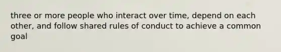 three or more people who interact over time, depend on each other, and follow shared rules of conduct to achieve a common goal