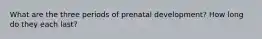 What are the three periods of prenatal development? How long do they each last?