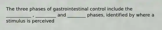 The three phases of gastrointestinal control include the ___________ , _________ and ________ phases, identified by where a stimulus is perceived