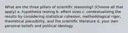 What are the three pillars of scientific reasoning? (Choose all that apply) a. hypothesis testing b. effect sizes c. contextualizing the results by considering statistical cohesion, methodological rigor, theoretical plausibility, and the scientific literature d. your own personal beliefs and political ideology