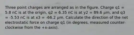 Three point charges are arranged as in the figure. Charge q1 = 5.8 nC is at the origin, q2 = 6.35 nC is at y2 = 89.6 𝜇m, and q3 = -5.53 nC is at x3 = -66.2 𝜇m. Calculate the direction of the net electrostatic force on charge q1 (in degrees, measured counter-clockwise from the +x-axis).