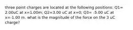 three point charges are located at the following positions: Q1= 2.00uC at x=1.00m; Q2=3.00 uC at x=0; Q3= -5.00 uC at x=-1.00 m. what is the magnitude of the force on the 3 uC charge?