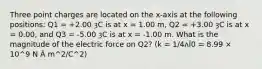 Three point charges are located on the x-axis at the following positions: Q1 = +2.00 ȝC is at x = 1.00 m, Q2 = +3.00 ȝC is at x = 0.00, and Q3 = -5.00 ȝC is at x = -1.00 m. What is the magnitude of the electric force on Q2? (k = 1/4ʌİ0 = 8.99 × 10^9 N Â m^2/C^2)