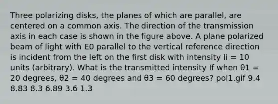 Three polarizing disks, the planes of which are parallel, are centered on a common axis. The direction of the transmission axis in each case is shown in the figure above. A plane polarized beam of light with E0 parallel to the vertical reference direction is incident from the left on the first disk with intensity Ii = 10 units (arbitrary). What is the transmitted intensity If when θ1 = 20 degrees, θ2 = 40 degrees and θ3 = 60 degrees? pol1.gif 9.4 8.83 8.3 6.89 3.6 1.3