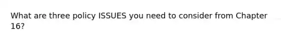 What are three policy ISSUES you need to consider from Chapter 16?