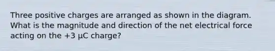 Three positive charges are arranged as shown in the diagram. What is the magnitude and direction of the net electrical force acting on the +3 µC charge?