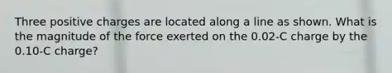 Three positive charges are located along a line as shown. What is the magnitude of the force exerted on the 0.02-C charge by the 0.10-C charge?