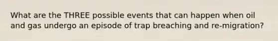 What are the THREE possible events that can happen when oil and gas undergo an episode of trap breaching and re-migration?