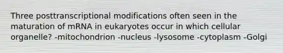 Three posttranscriptional modifications often seen in the maturation of mRNA in eukaryotes occur in which cellular organelle? -mitochondrion -nucleus -lysosome -cytoplasm -Golgi