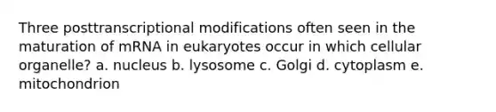 Three posttranscriptional modifications often seen in the maturation of mRNA in eukaryotes occur in which cellular organelle? a. nucleus b. lysosome c. Golgi d. cytoplasm e. mitochondrion