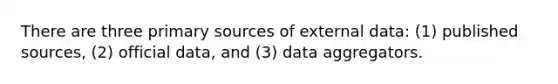 There are three primary sources of external data: (1) published sources, (2) official data, and (3) data aggregators.