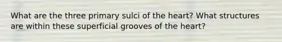 What are the three primary sulci of the heart? What structures are within these superficial grooves of the heart?