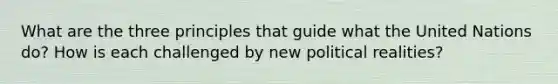 What are the three principles that guide what the United Nations do? How is each challenged by new political realities?