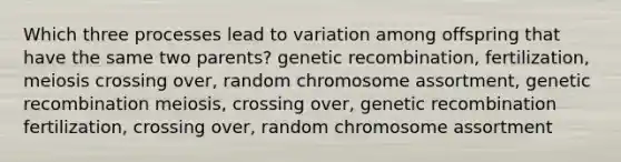 Which three processes lead to variation among offspring that have the same two parents? genetic recombination, fertilization, meiosis crossing over, random chromosome assortment, genetic recombination meiosis, crossing over, genetic recombination fertilization, crossing over, random chromosome assortment