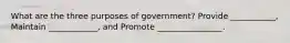 What are the three purposes of government? Provide ___________, Maintain ____________, and Promote ________________.