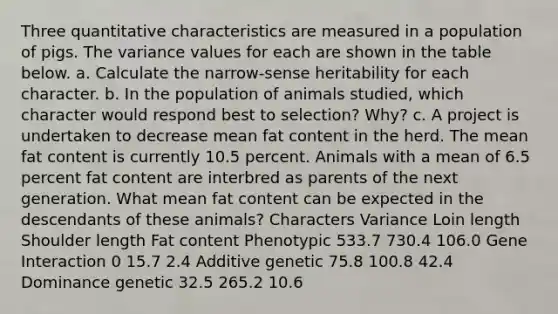 Three quantitative characteristics are measured in a population of pigs. The variance values for each are shown in the table below. a. Calculate the narrow-sense heritability for each character. b. In the population of animals studied, which character would respond best to selection? Why? c. A project is undertaken to decrease mean fat content in the herd. The mean fat content is currently 10.5 percent. Animals with a mean of 6.5 percent fat content are interbred as parents of the next generation. What mean fat content can be expected in the descendants of these animals? Characters Variance Loin length Shoulder length Fat content Phenotypic 533.7 730.4 106.0 Gene Interaction 0 15.7 2.4 Additive genetic 75.8 100.8 42.4 Dominance genetic 32.5 265.2 10.6