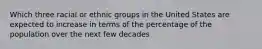 Which three racial or ethnic groups in the United States are expected to increase in terms of the percentage of the population over the next few decades