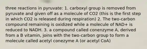 three reactions in pyruvate: 1. carboxyl group is removed from pyruvate and given off as a molecule of CO2 (this is the first step in which CO2 is released during respiration) 2. The two-carbon compound remaining is oxidized while a molecule of NAD+ is reduced to NADH. 3. a compound called conenzyme A, derived from a B vitamin, joins with the two-carbon group to form a molecule called acetyl conezyme A (or acetyl CoA)