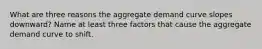 What are three reasons the aggregate demand curve slopes downward? Name at least three factors that cause the aggregate demand curve to shift.