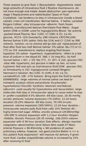 Three reasons to give fluid: 1 Resuscitation -Hypovolemia -need large amounts of intravenous fluid 2 Routine maintenance -do not have enough oral intake -bowel obstruction -peri-operative stage 3 Replacement and redistribution Types of Fluid: Crystalloid: -low tendency to stay in intravascular (inside a blood vessel); cross cell membranes -Normal Saline, .5 Saline, Lactated Ringers Colloid: -stay intravascular -albumin, fresh frozen proteins, manufactured dextran Electrolyte Free Water: -Sugar water/ D5W or D10W -used for hypoglycemia Blood: -for anemia -packed blood Plasma: Na+ (140), Cl (100), K (5), Ca (4), glucose, HCO3- (24) Osmolarity: 290 mOsm/L CRYSTALLOID: Normal Saline/ 0.9% saline: Only Na (154) and Cl- (154) so 308 mOsm/L -isotonic, so no volume will go into cell -replacement of fluid after fluid loss Half Normal Saline/ .5% saline: Na (77) or Cl-(77) so 154 -maintenance; replace ongoing fluid losses -hypotonic 3% saline: -hypertonic -hyponatremia - refers to a low level of sodium in the blood D5 .5NS + 20 meq KCL: So Half normal Saline + KCl- + D5 -Na (77) , Cl- (97), K (20), glucose (50) -total 446 -hypertonic, but glucose is taken up fast, so turns hypotonic fast and acts as maintenance fluid D5W: -glucose (50), so Osmoloarity is 252 -hypoglycemia Lactated Ringers/ Hartmann's Solution: Na (130), Cl (109), K (4), Ca (3), Lactate/HCo3- (28) -273/ Isotonic -Bring back the fluid to normal DOWNSIDES: -large volumes of normal saline can lead to metabolic acidosis (dilute extracellular bicarbonate) -hyperkalemia COLLOID: Synthetic (dextran) and Natural (albumin) -used usually for hypovolemia and resuscitation -large molecules that stay in intravascular space to cause water to stay in -prefer crystalloid 4-5% Albumin -69 kDa (size), 20-30 mmHg oncotic pressure, volume expansion (70-100%), 12-24 hours duration 20-25% Albumin -69 kDa (size), 70-100 oncotic pressure, volume expansion (300-500%), 12-24 hour duration -intravascular volume pulls fluid from cells 10% Dextran 40: -highly branched sugar -40kDa -oncotic pressure (20-60mmHg) -100-200 % volume expansion with 1-2 hour duration Hespan: -450kDa -Oncotic Pressure (20-35 mmHg) -100-200% volume expansion with 8-36 hour duration Side effects: allergic reaction coagulation abnormalities renal failure Who needs it? Mean Arterial Pressure Is this patient fluid responsive? -will improve O2 delivery if given more fluid -Cardiac output/Stroke volume is increased by 15% after receiving IV fluid