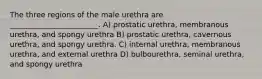 The three regions of the male urethra are ________________________. A) prostatic urethra, membranous urethra, and spongy urethra B) prostatic urethra, cavernous urethra, and spongy urethra. C) internal urethra, membranous urethra, and external urethra D) bulbourethra, seminal urethra, and spongy urethra