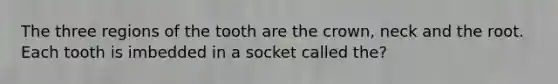 The three regions of the tooth are the crown, neck and the root. Each tooth is imbedded in a socket called the?