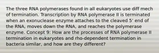 The three RNA polymerases found in all eukaryotes use diff mech of termination. Transcription by RNA polymerase II is terminated when an exonuclease enzyme attaches to the cleaved 5' end of the RNA, moves down the RNA, and reaches the polymerase enzyme. Concept 9: How are the processes of RNA polymerase II termination in eukaryotes and rho-dependent termination in bacteria similar, and how are they different?