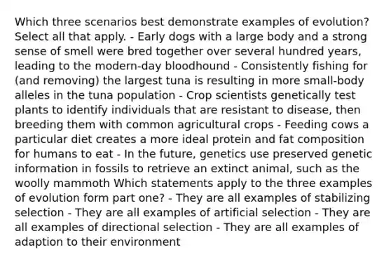 Which three scenarios best demonstrate examples of evolution? Select all that apply. - Early dogs with a large body and a strong sense of smell were bred together over several hundred years, leading to the modern-day bloodhound - Consistently fishing for (and removing) the largest tuna is resulting in more small-body alleles in the tuna population - Crop scientists genetically test plants to identify individuals that are resistant to disease, then breeding them with common agricultural crops - Feeding cows a particular diet creates a more ideal protein and fat composition for humans to eat - In the future, genetics use preserved genetic information in fossils to retrieve an extinct animal, such as the woolly mammoth Which statements apply to the three examples of evolution form part one? - They are all examples of stabilizing selection - They are all examples of artificial selection - They are all examples of directional selection - They are all examples of adaption to their environment