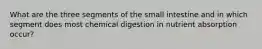 What are the three segments of the small intestine and in which segment does most chemical digestion in nutrient absorption occur?