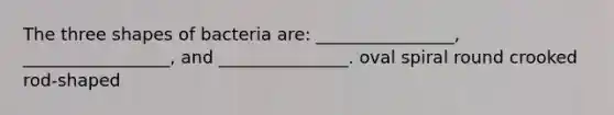 ​​​​The three shapes of bacteria are: ________________, _________________, and _______________. oval spiral round crooked rod-shaped