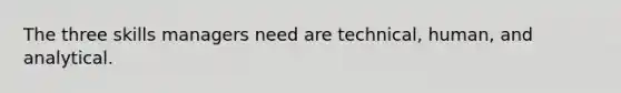 The three skills managers need are technical, human, and analytical.