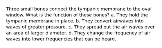 Three small bones connect the tympanic membrane to the oval window. What is the function of these bones? a. They hold the tympanic membrane in place. b. They convert airwaves into waves of greater pressure. c. They spread out the air waves over an area of larger diameter. d. They change the frequency of air waves into lower frequencies that can be heard.