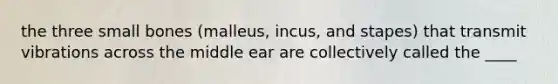 the three small bones (malleus, incus, and stapes) that transmit vibrations across the middle ear are collectively called the ____