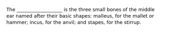 The ___________________ is the three small bones of the middle ear named after their basic shapes: malleus, for the mallet or hammer; incus, for the anvil; and stapes, for the stirrup.