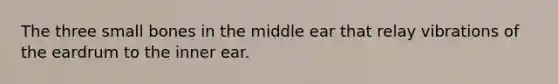 The three small bones in the middle ear that relay vibrations of the eardrum to the inner ear.