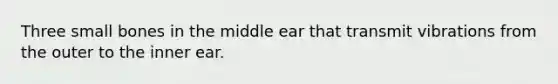 Three small bones in the middle ear that transmit vibrations from the outer to the inner ear.