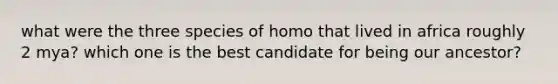 what were the three species of homo that lived in africa roughly 2 mya? which one is the best candidate for being our ancestor?