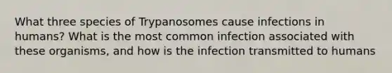 What three species of Trypanosomes cause infections in humans? What is the most common infection associated with these organisms, and how is the infection transmitted to humans