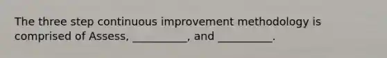 The three step continuous improvement methodology is comprised of Assess, __________, and __________.