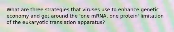 What are three strategies that viruses use to enhance genetic economy and get around the 'one mRNA, one protein' limitation of the <a href='https://www.questionai.com/knowledge/kOIFUyXpZK-eukaryotic-translation' class='anchor-knowledge'>eukaryotic translation</a> apparatus?