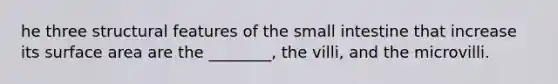 he three structural features of the small intestine that increase its surface area are the ________, the villi, and the microvilli.