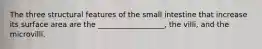 The three structural features of the small intestine that increase its surface area are the __________________, the villi, and the microvilli.