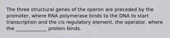 The three structural genes of the operon are preceded by the promoter, where RNA polymerase binds to the DNA to start transcription and the cis regulatory element, the operator, where the _____________ protein binds.