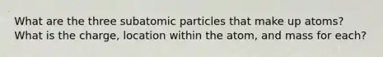 What are the three subatomic particles that make up atoms? What is the charge, location within the atom, and mass for each?