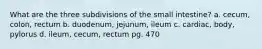 What are the three subdivisions of the small intestine? a. cecum, colon, rectum b. duodenum, jejunum, ileum c. cardiac, body, pylorus d. ileum, cecum, rectum pg. 470