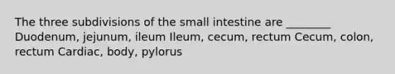 The three subdivisions of the small intestine are ________ Duodenum, jejunum, ileum Ileum, cecum, rectum Cecum, colon, rectum Cardiac, body, pylorus