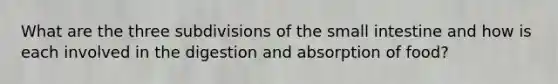 What are the three subdivisions of <a href='https://www.questionai.com/knowledge/kt623fh5xn-the-small-intestine' class='anchor-knowledge'>the small intestine</a> and how is each involved in the digestion and absorption of food?