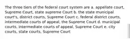 The three tiers of the federal court system are a. appellate court, Supreme Court, state supreme Court b. the state municipal court's, district courts, Supreme Court c. federal district courts, intermediate courts of appeal, the Supreme Court d. municipal courts, intermediate courts of appeal, Supreme Court e. city courts, state courts, Supreme Court