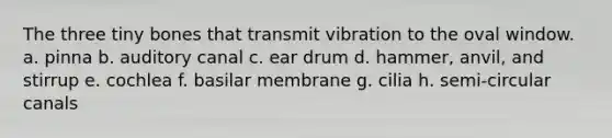 The three tiny bones that transmit vibration to the oval window. a. pinna b. auditory canal c. ear drum d. hammer, anvil, and stirrup e. cochlea f. basilar membrane g. cilia h. semi-circular canals